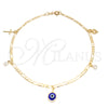 Oro Laminado Charm Anklet , Gold Filled Style Evil Eye and Cross Design, Polished, Golden Finish, 03.58.0012.10 (04 MM Thickness, 10 Inches Length)