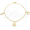 Oro Laminado Charm Anklet , Gold Filled Style Horseshoe and Four-leaf Clover Design, Polished, Golden Finish, 03.58.0020.10 (04 MM Thickness, 10 Inches Length)