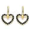 Oro Laminado Huggie Hoop, Gold Filled Style Heart Design, with Black Cubic Zirconia, Polished, Golden Finish, 02.210.0485.3.12