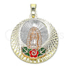 Oro Laminado Religious Pendant, Gold Filled Style Guadalupe and Flower Design, Multicolor Enamel Finish, Tricolor, 05.380.0101