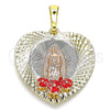 Oro Laminado Religious Pendant, Gold Filled Style Guadalupe and Flower Design, Red Enamel Finish, Tricolor, 05.380.0107