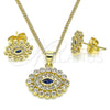 Oro Laminado Earring and Pendant Adult Set, Gold Filled Style Evil Eye Design, with Sapphire Blue and White Micro Pave, Polished, Golden Finish, 10.156.0347