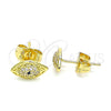 Oro Laminado Stud Earring, Gold Filled Style Evil Eye Design, with Sapphire Blue and White Micro Pave, Polished, Golden Finish, 02.156.0555