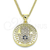 Oro Laminado Pendant Necklace, Gold Filled Style Hand of God Design, with Sapphire Blue and White Micro Pave, Polished, Golden Finish, 04.156.0402.20 (02 MM Thickness, 20 Inches Length)