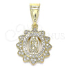 Oro Laminado Fancy Pendant, Gold Filled Style Guadalupe Design, with White Micro Pave, Polished, Golden Finish, 05.253.0115