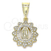 Oro Laminado Religious Pendant, Gold Filled Style Guadalupe Design, with White Micro Pave, Polished, Golden Finish, 05.253.0115