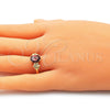 Oro Laminado Multi Stone Ring, Gold Filled Style Flower Design, with Garnet Cubic Zirconia, Polished, Golden Finish, 01.210.0121.2.06 (Size 6)