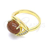 Oro Laminado Multi Stone Ring, Gold Filled Style Evil Eye Design, with Brown Goldstone Venturina and White Cubic Zirconia, Polished, Golden Finish, 01.210.0133.07 (Size 7)