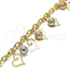 Oro Laminado Charm Bracelet, Gold Filled Style Ball and Heart Design, Matte Finish, Tricolor, 03.331.0188.08 (06 MM Thickness, 8 Inches Length)