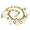 Oro Laminado Charm Bracelet, Gold Filled Style Hand of God and Ball Design, Polished, Tricolor, 03.331.0190.08 (06 MM Thickness, 8 Inches Length)