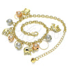 Oro Laminado Charm Bracelet, Gold Filled Style Elephant and Ball Design, Matte Finish, Tricolor, 03.331.0193.09 (04 MM Thickness, 9 Inches Length)