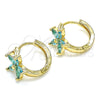 Oro Laminado Huggie Hoop, Gold Filled Style Flower Design, with Aqua Blue Cubic Zirconia, Polished, Golden Finish, 02.210.0496.1.15