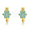 Oro Laminado Huggie Hoop, Gold Filled Style Flower Design, with Aqua Blue Cubic Zirconia, Polished, Golden Finish, 02.210.0497.1.15