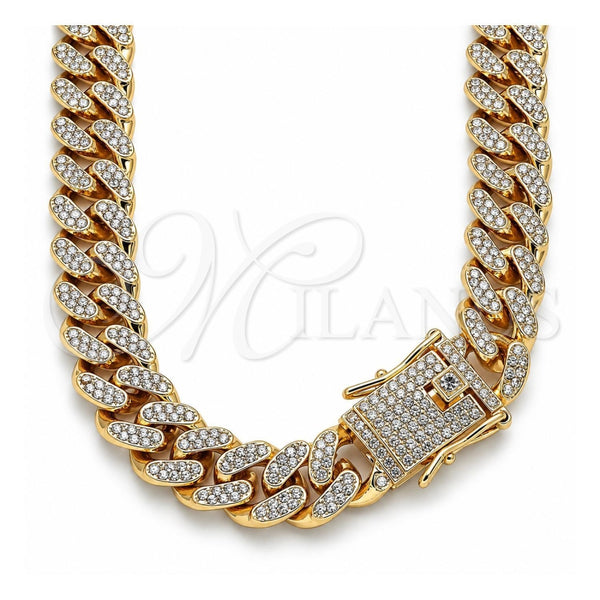 Oro Laminado Basic Necklace, Gold Filled Style Miami Cuban and Box Lock Design, with White Crystal, Polished, Golden Finish, 03.372.0001.18 (13 MM Thickness, 18 Inches Length)