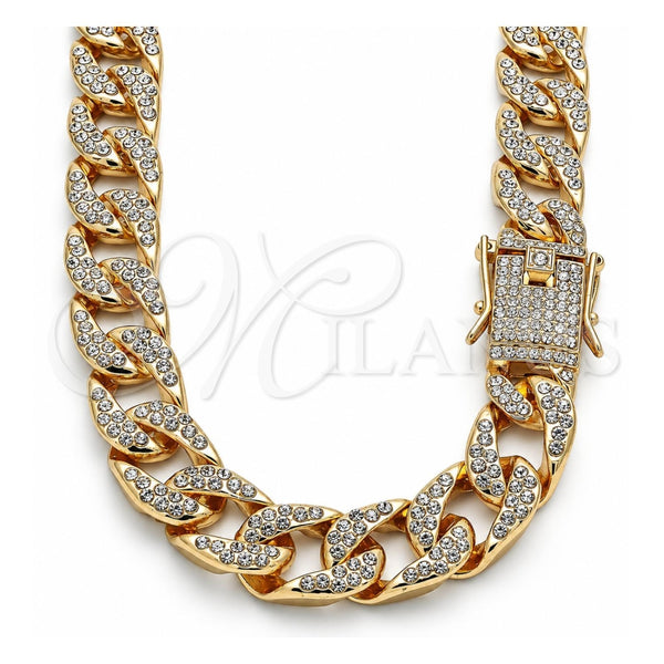 Oro Laminado Basic Necklace, Gold Filled Style Curb and Box Lock Design, with White Crystal, Polished, Golden Finish, 03.372.0002.18 (14 MM Thickness, 18 Inches Length)