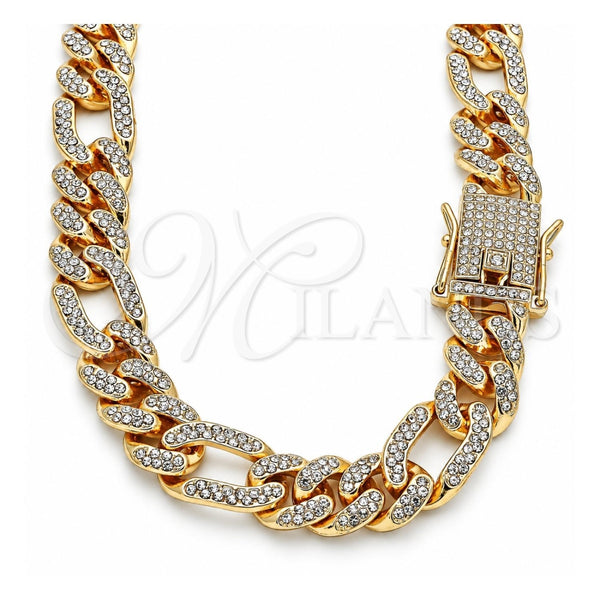 Oro Laminado Basic Necklace, Gold Filled Style Figaro and Box Lock Design, with White Crystal, Polished, Golden Finish, 03.372.0003.18 (13 MM Thickness, 18 Inches Length)
