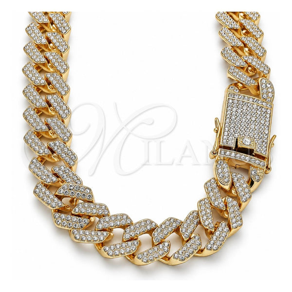 Oro Laminado Basic Necklace, Gold Filled Style Box Lock Design, with White Crystal, Polished, Golden Finish, 03.372.0004.18 (19 MM Thickness, 18 Inches Length)