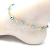 Oro Laminado Fancy Anklet, Gold Filled Style Evil Eye Design, Turquoise Enamel Finish, Golden Finish, 03.213.0018.4.10 (08 MM Thickness, 10 Inches Length)