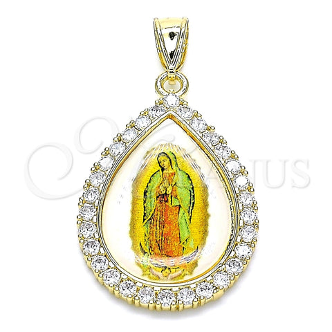 Oro Laminado Religious Pendant, Gold Filled Style Guadalupe and Teardrop Design, with White Cubic Zirconia, Polished, Golden Finish, 05.253.0125