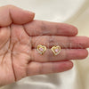 Oro Laminado Stud Earring, Gold Filled Style Heart Design, with Pink and White Cubic Zirconia, Polished, Golden Finish, 02.387.0013