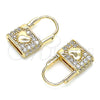 Oro Laminado Huggie Hoop, Gold Filled Style Lock and Heart Design, with White Cubic Zirconia, Polished, Golden Finish, 02.210.0525.10