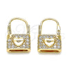 Oro Laminado Huggie Hoop, Gold Filled Style Lock and Heart Design, with White Cubic Zirconia, Polished, Golden Finish, 02.210.0525.10