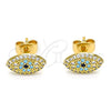 Oro Laminado Stud Earring, Gold Filled Style Evil Eye Design, with Turquoise and White Micro Pave, Polished, Golden Finish, 02.344.0095