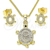 Oro Laminado Earring and Pendant Adult Set, Gold Filled Style Turtle Design, with White Micro Pave, Polished, Golden Finish, 10.284.0014.1