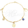 Oro Laminado Charm Anklet , Gold Filled Style Evil Eye and Figa Hand Design, Polished, Golden Finish, 03.58.0055.10 (04 MM Thickness, 10 Inches Length)