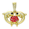 Oro Laminado Fancy Pendant, Gold Filled Style Dolphin and Flower Design, with Black Crystal, Red Enamel Finish, Golden Finish, 05.380.0136