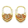 Oro Laminado Small Hoop, Gold Filled Style Lock and Heart Design, with Garnet Micro Pave, Polished, Golden Finish, 02.341.0056.1.12