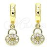 Oro Laminado Huggie Hoop, Gold Filled Style Lock and Heart Design, with White Micro Pave, Polished, Golden Finish, 02.210.0532.15