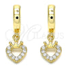 Oro Laminado Huggie Hoop, Gold Filled Style Heart and Crown Design, with White Micro Pave, Polished, Golden Finish, 02.210.0537.15