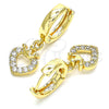 Oro Laminado Huggie Hoop, Gold Filled Style Heart and Crown Design, with White Micro Pave, Polished, Golden Finish, 02.210.0537.15