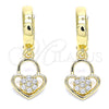 Oro Laminado Huggie Hoop, Gold Filled Style Lock and Heart Design, with White Micro Pave, Polished, Golden Finish, 02.210.0538.15