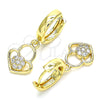 Oro Laminado Huggie Hoop, Gold Filled Style Lock and Heart Design, with White Micro Pave, Polished, Golden Finish, 02.210.0538.15