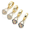 Oro Laminado Huggie Hoop, Gold Filled Style Lock and Heart Design, with White Micro Pave, Polished, Golden Finish, 02.210.0540.15