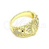 Oro Laminado Multi Stone Ring, Gold Filled Style Guadalupe and Heart Design, with White and Black Cubic Zirconia, Polished, Golden Finish, 01.380.0017.08 (Size 8)