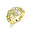 Oro Laminado Multi Stone Ring, Gold Filled Style Guadalupe and Heart Design, with White and Black Cubic Zirconia, Polished, Golden Finish, 01.380.0017.08 (Size 8)