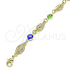 Oro Laminado Fancy Bracelet, Gold Filled Style Guadalupe and Evil Eye Design, Multicolor Resin Finish, Golden Finish, 03.351.0134.07 (08 MM Thickness, 7 Inches Length)