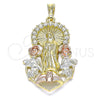 Oro Laminado Religious Pendant, Gold Filled Style Guadalupe and Flower Design, with White Crystal, Polished, Tricolor, 05.351.0019.1