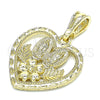 Oro Laminado Religious Pendant, Gold Filled Style Guadalupe and Heart Design, Polished, Golden Finish, 05.351.0200.1