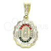 Oro Laminado Religious Pendant, Gold Filled Style Guadalupe Design, with Multicolor Crystal, Polished, Golden Finish, 05.351.0203