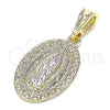 Oro Laminado Religious Pendant, Gold Filled Style Guadalupe and Heart Design, Polished, Tricolor, 05.351.0171.1