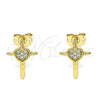 Oro Laminado Stud Earring, Gold Filled Style Cross and Heart Design, with White Micro Pave, Polished, Golden Finish, 02.342.0120