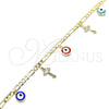 Oro Laminado Charm Bracelet, Gold Filled Style Evil Eye and Cross Design, Multicolor Enamel Finish, Golden Finish, 03.213.0134.07 (04 MM Thickness, 7 Inches Length)