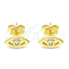Oro Laminado Stud Earring, Gold Filled Style Evil Eye Design, with White Cubic Zirconia, Polished, Golden Finish, 02.156.0605.2