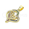 Oro Laminado Fancy Pendant, Gold Filled Style Mom and Heart Design, with Multicolor Micro Pave, Polished, Golden Finish, 05.102.0024
