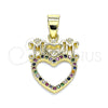Oro Laminado Fancy Pendant, Gold Filled Style Mom and Heart Design, with Multicolor Micro Pave, Polished, Golden Finish, 05.102.0028