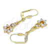 Oro Laminado Long Earring, Gold Filled Style Teardrop and Flower Design, with White Cubic Zirconia, Polished, Golden Finish, 02.213.0318